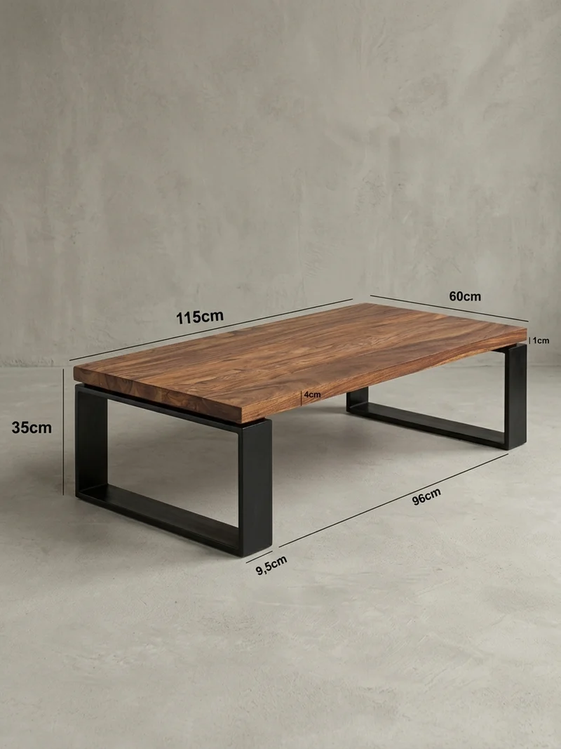 Couchtisch aus Holz und Metall, Industriedesign, Einzigartige Maserung, 115x60x35 cm