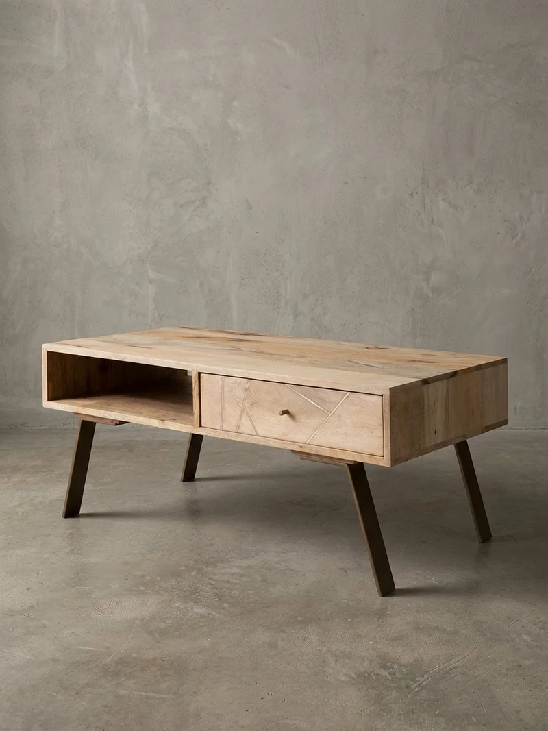 Couchtisch in Rustikalem Landhausstil, Massives Mangoholz und Metall, Maße 95x42x50 cm