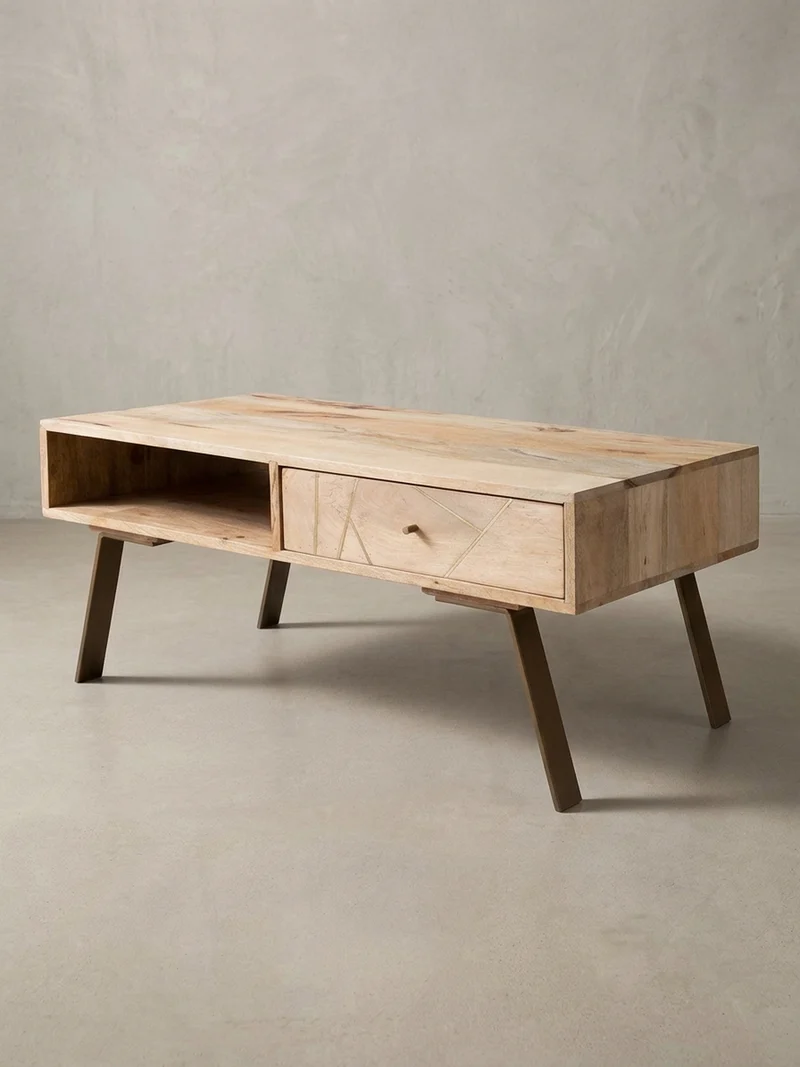Couchtisch in Rustikalem Landhausstil, Massives Mangoholz und Metall, Maße 95x42x50 cm