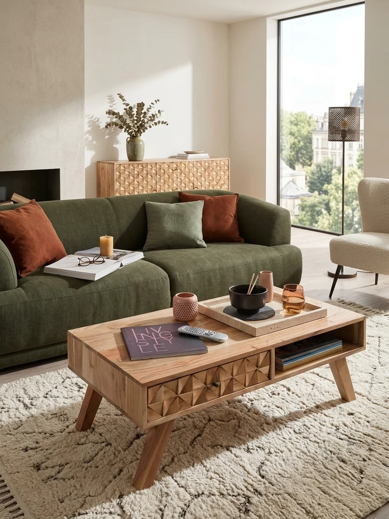 Couchtisch Landhausstil Massivholz mit Schublade und Ablagefach, Maße 95x35x50 cm