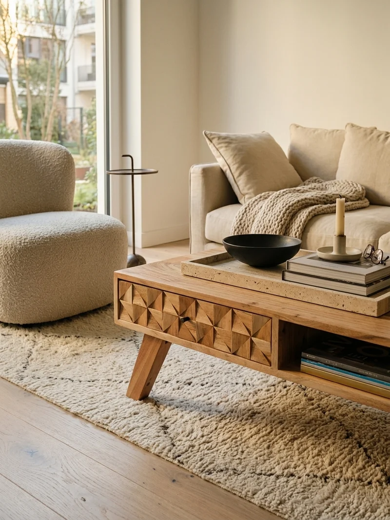 Couchtisch Landhausstil Massivholz mit Schublade und Ablagefach, Maße 95x35x50 cm