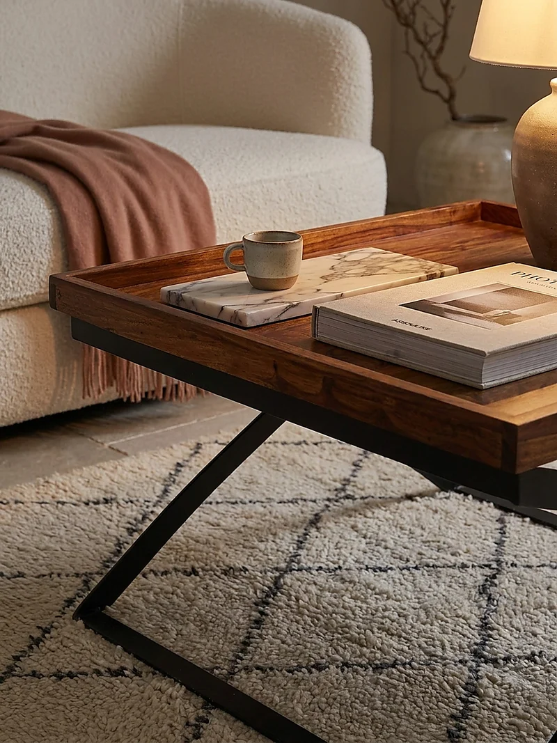 Couchtisch Quadratisch, Sheesham Holz und Eisen, Industrial-Stil, Maße 63x39x63 cm