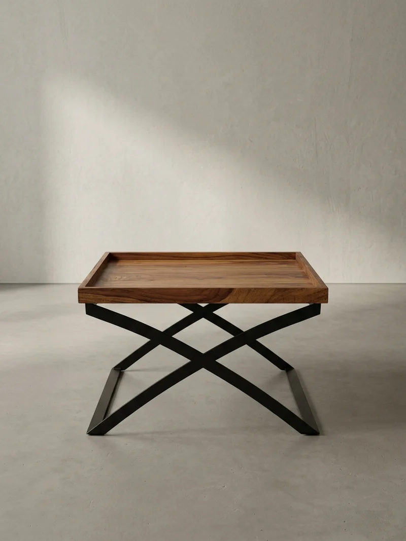 Couchtisch Quadratisch, Sheesham Holz und Eisen, Industrial-Stil, Maße 63x39x63 cm