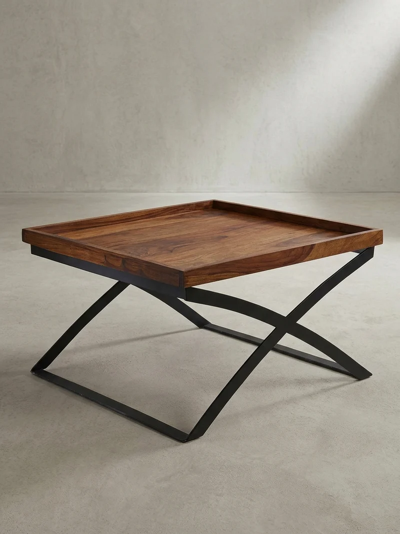 Couchtisch Quadratisch, Sheesham Holz und Eisen, Industrial-Stil, Maße 63x39x63 cm