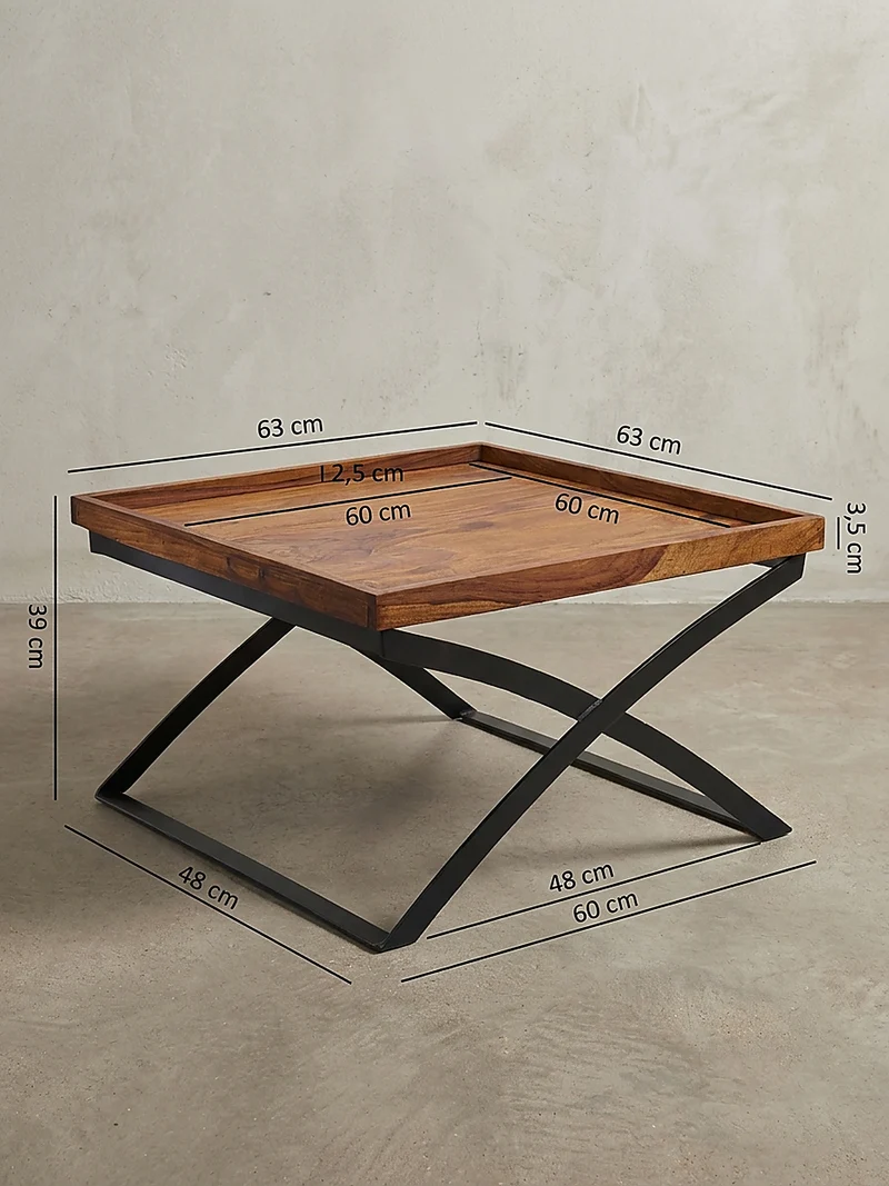 Couchtisch Quadratisch, Sheesham Holz und Eisen, Industrial-Stil, Maße 63x39x63 cm