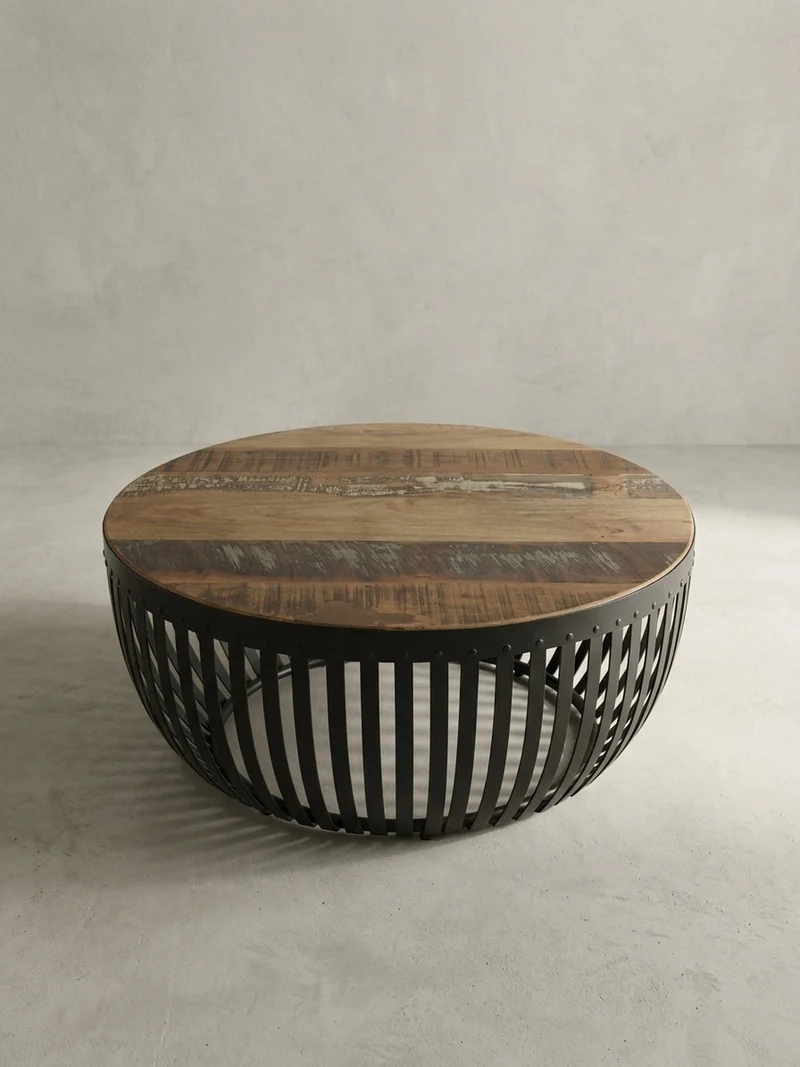 Couchtisch Braun aus recyceltem Mangoholz, 70x33x70 cm, im Industrial-Design
