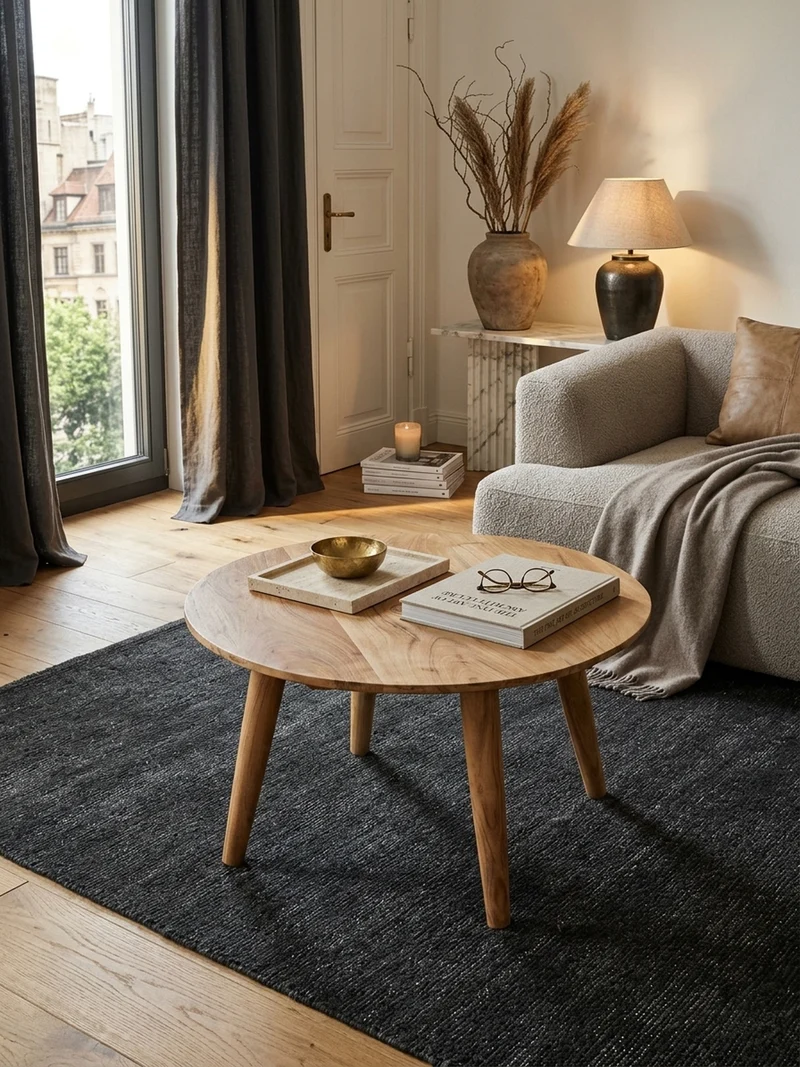Couchtisch Rund Akazie Massivholz 75cm - Stabile Holzbeine, Pflegeleicht, Handgefertigt