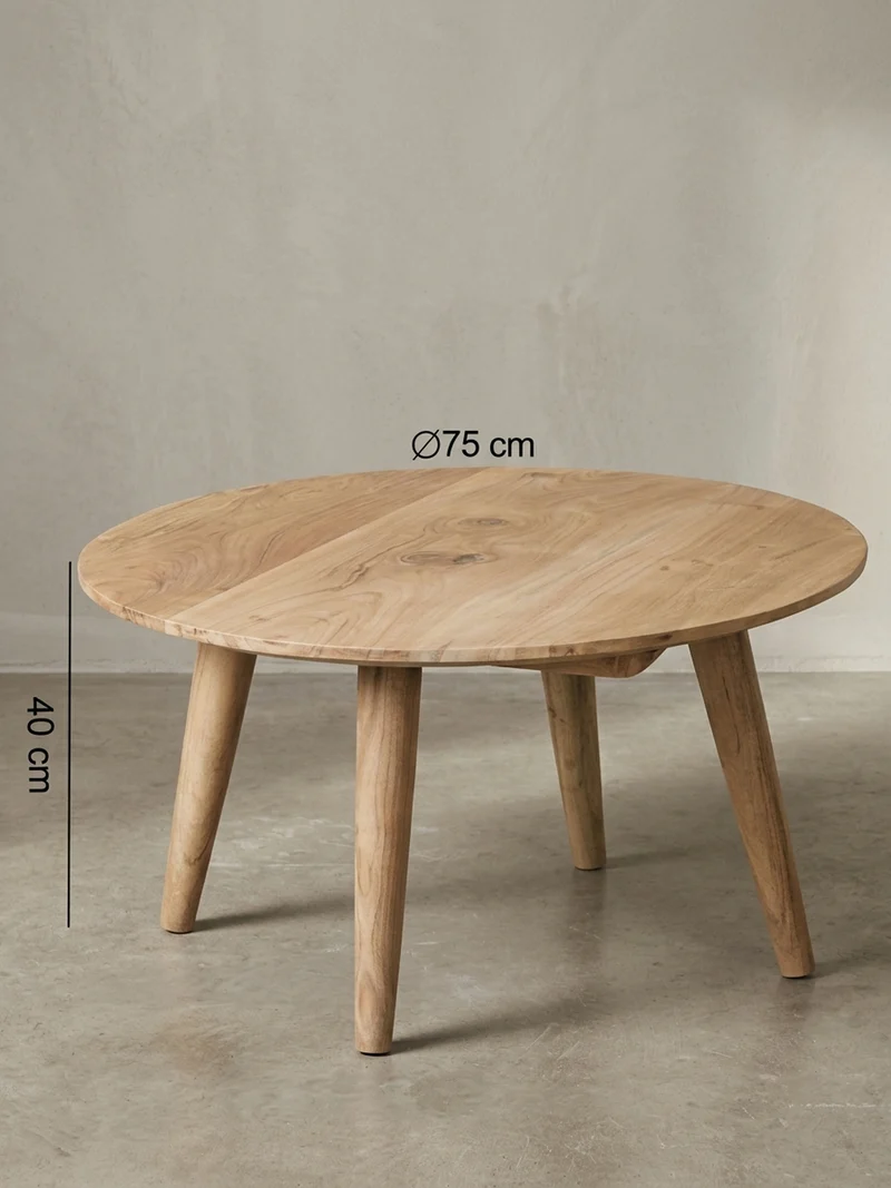 Couchtisch Rund Akazie Massivholz 75cm - Stabile Holzbeine, Pflegeleicht, Handgefertigt