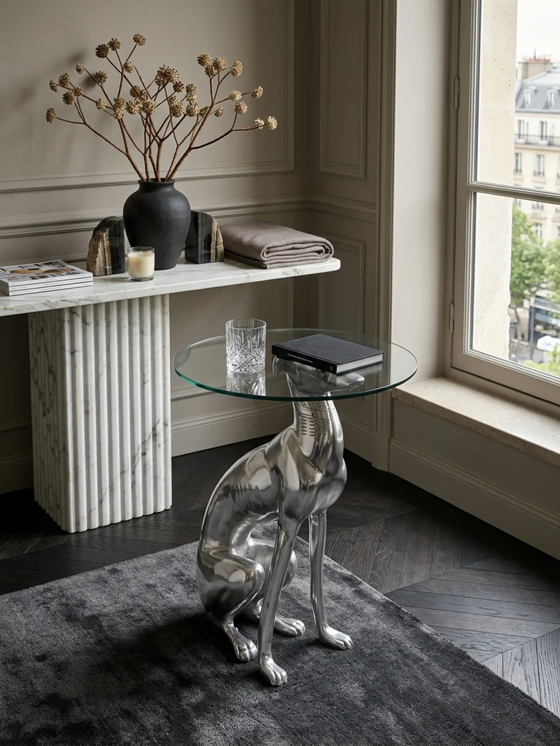 Beistelltisch – Aluminium Glas Silber Skulptur Windhund Ø 40 cm, Höhe 50 cm, handgefertigt