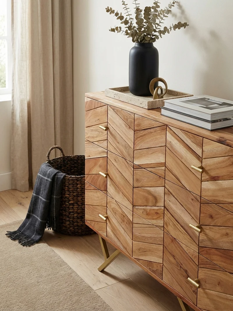 Sideboard – Akazie Massivholz, rustikal, mit Muster, Landhausstil