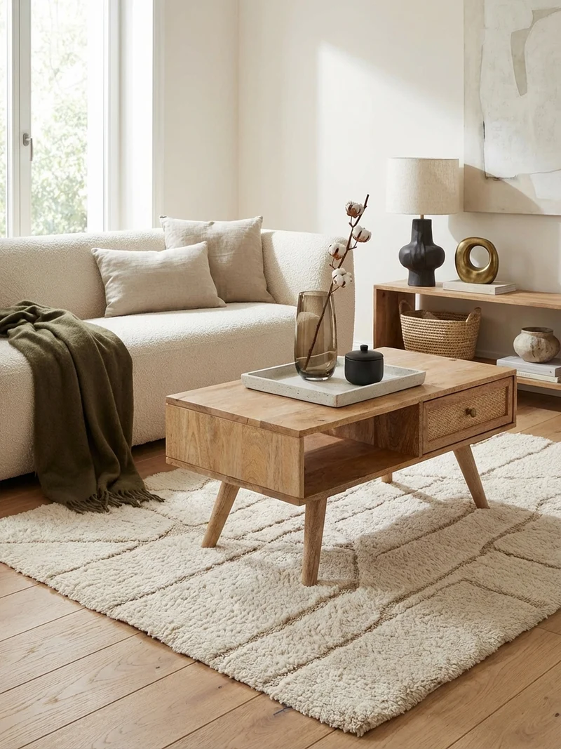Couchtisch Mango-Holz Massiv mit Ablagefläche, Zeitloses Design, Geräumig und Stabil