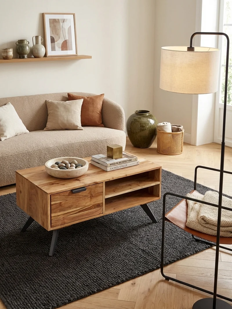 Couchtisch Massivholz und Metall, Modernes Design, Großer Stauraum, Robuste Beine