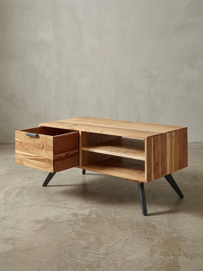 Couchtisch Massivholz und Metall, Modernes Design, Großer Stauraum, Robuste Beine
