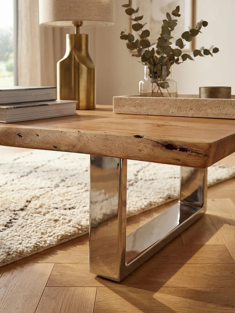 Couchtisch Akazienholz Massiv, Baumkanten Design, Landhausstil, Metallbeine Stabil