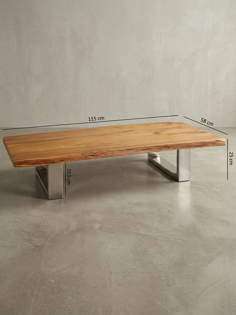 Couchtisch Akazienholz Massiv, Baumkanten Design, Landhausstil, Metallbeine Stabil