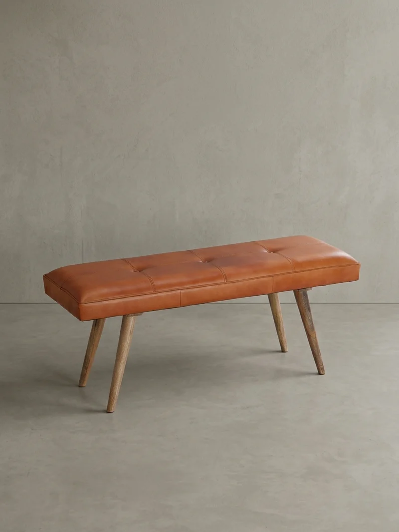 Sitzbank – Ziegenleder/Massivholz, Retro-Stil, 200 kg Belastbarkeit