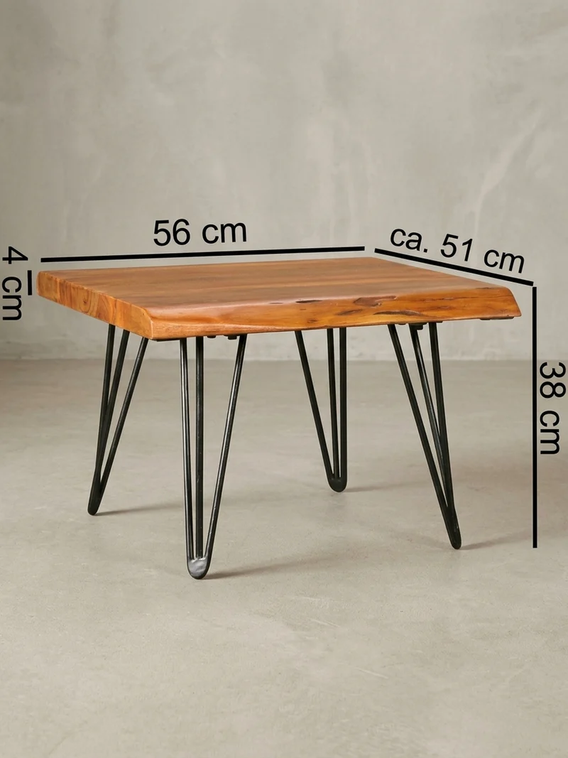 Couchtisch Massivholz Sheesham mit Baumkante und Haarnadelbeinen, Stil Natürlichkeit