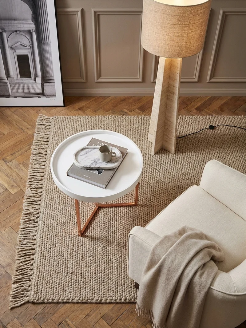Sofatisch Rund mit Metallgestell, Retro Stil, abnehmbares Tablett und Anti-Rutsch-Noppen