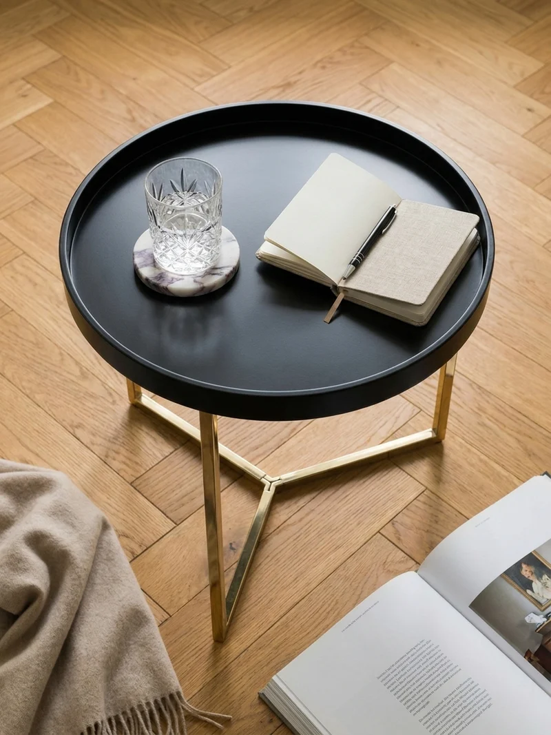 Sofatisch Rund mit Metallgestell, Retro Stil, abnehmbares Tablett und Anti-Rutsch-Noppen