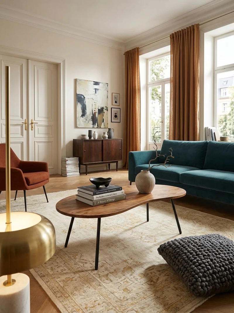 Couchtisch Retro-Stil mit Nierenform, Massivholz, Metallbeine, pflegeleichte Tischplatte