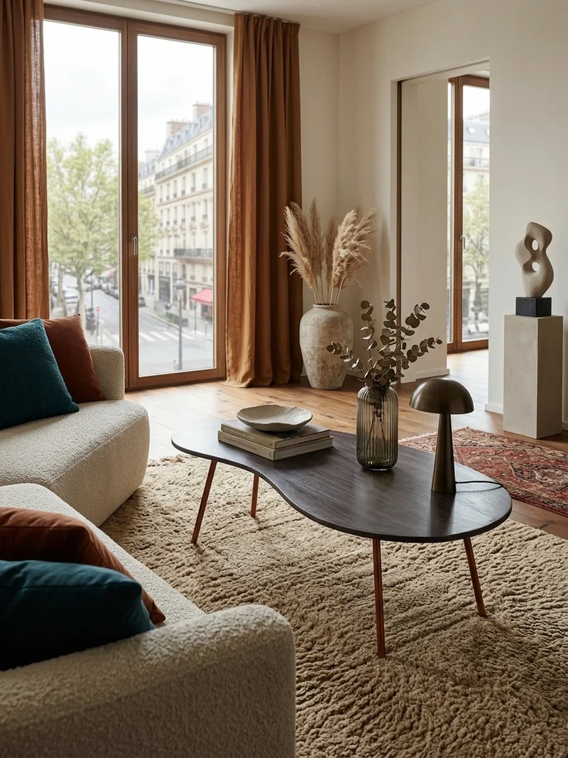 Couchtisch Retro-Stil mit Nierenform, Massivholz, Metallbeine, pflegeleichte Tischplatte