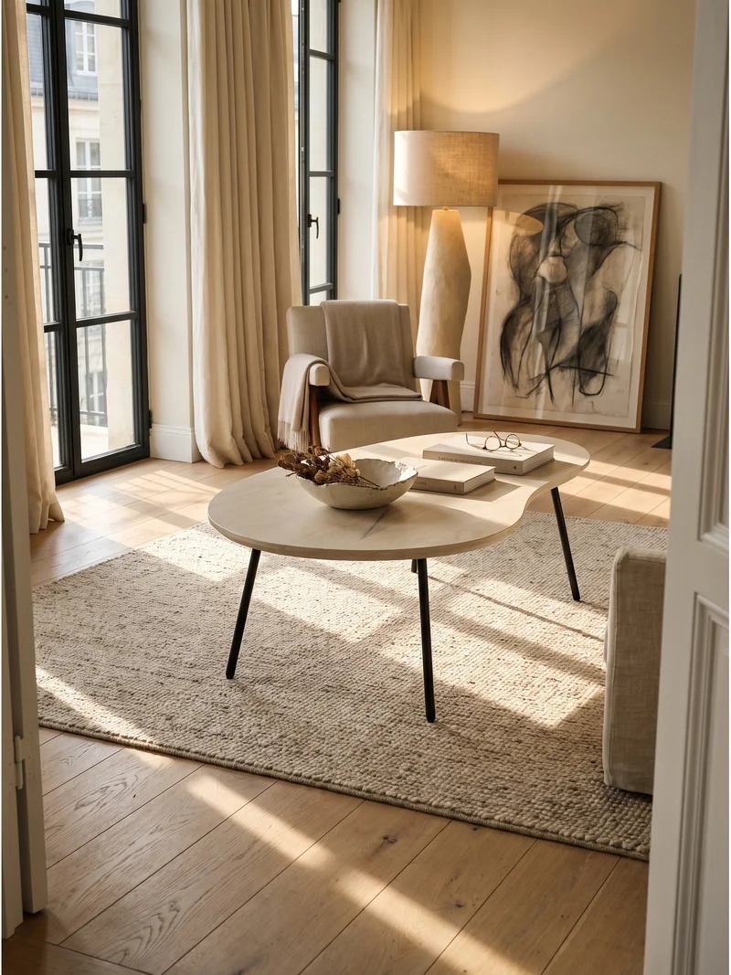Couchtisch Retro-Stil mit Nierenform, Massivholz, Metallbeine, pflegeleichte Tischplatte