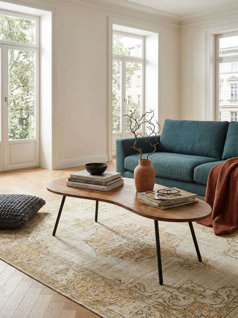 Couchtisch Retro-Stil mit Nierenform, Massivholz, Metallbeine, pflegeleichte Tischplatte