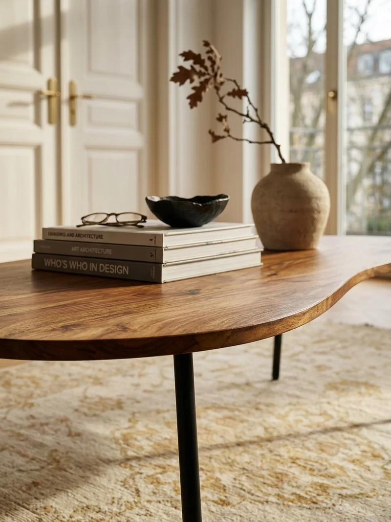 Couchtisch Retro-Stil mit Nierenform, Massivholz, Metallbeine, pflegeleichte Tischplatte