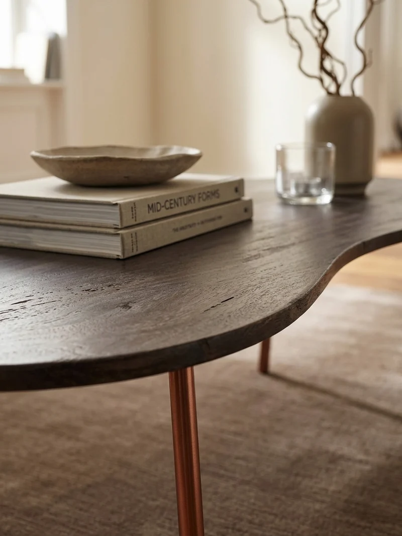 Couchtisch Retro-Stil mit Nierenform, Massivholz, Metallbeine, pflegeleichte Tischplatte
