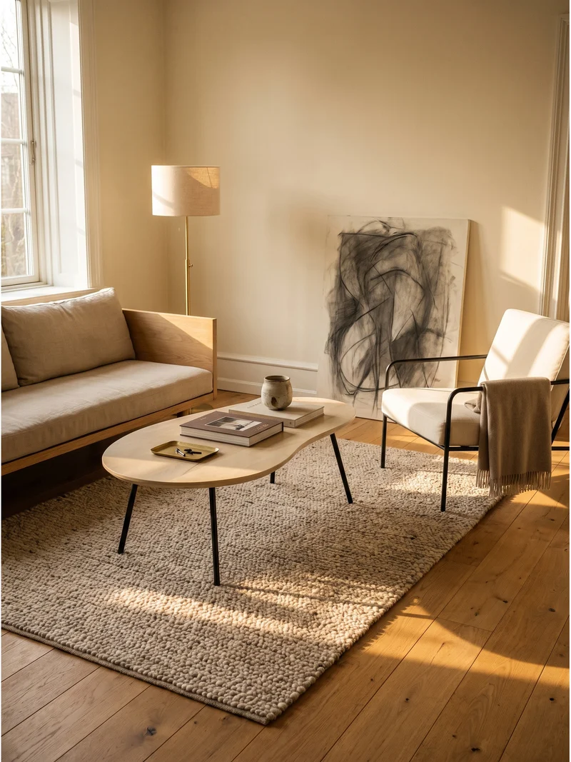 Couchtisch Retro-Stil mit Nierenform, Massivholz, Metallbeine, pflegeleichte Tischplatte