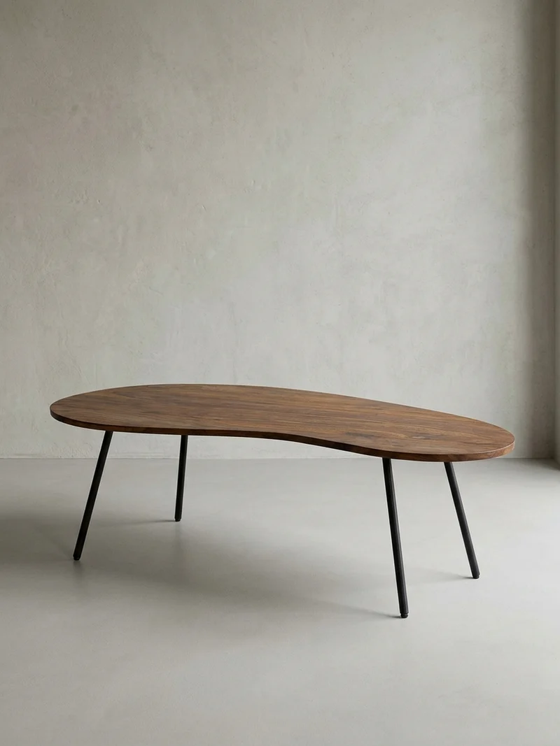 Couchtisch Retro-Stil mit Nierenform, Massivholz, Metallbeine, pflegeleichte Tischplatte