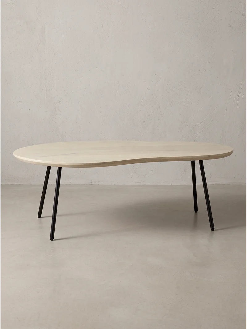 Couchtisch Retro-Stil mit Nierenform, Massivholz, Metallbeine, pflegeleichte Tischplatte