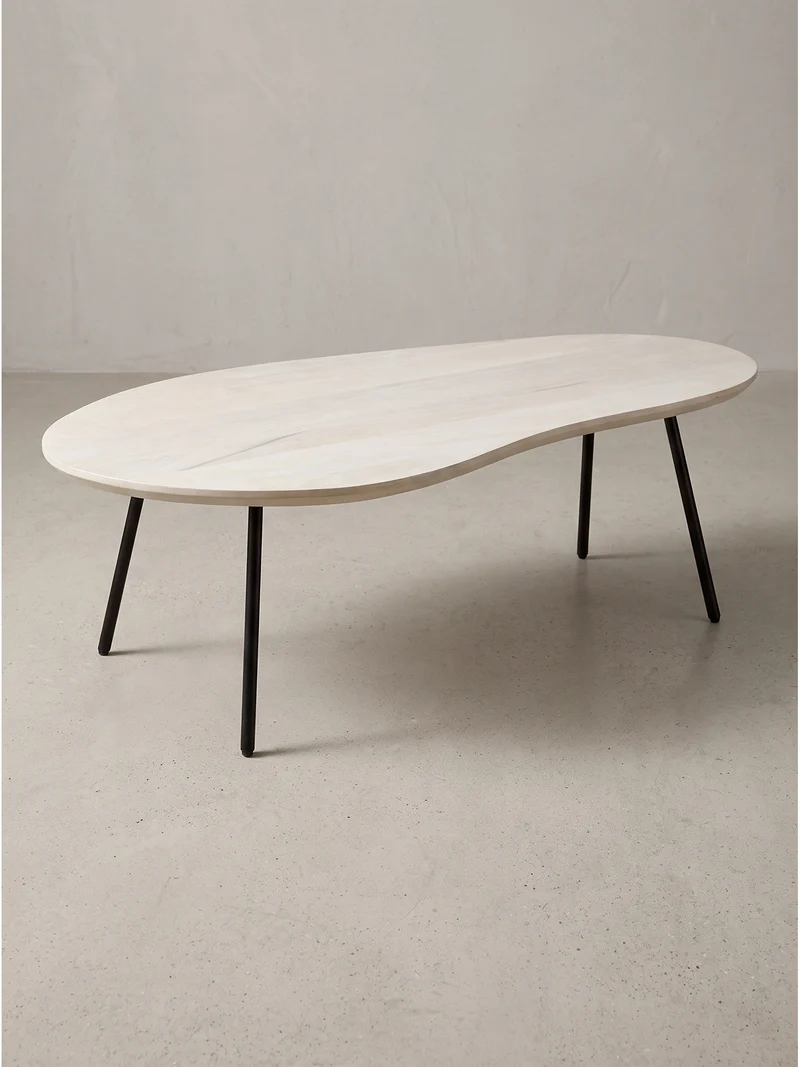 Couchtisch Retro-Stil mit Nierenform, Massivholz, Metallbeine, pflegeleichte Tischplatte