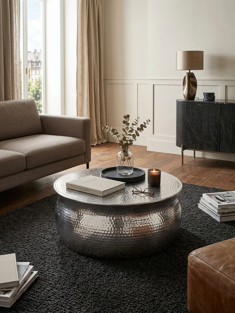 Couchtisch Orient Handgefertigt Hammerschlag-Aluminium Großzügige Ablagefläche