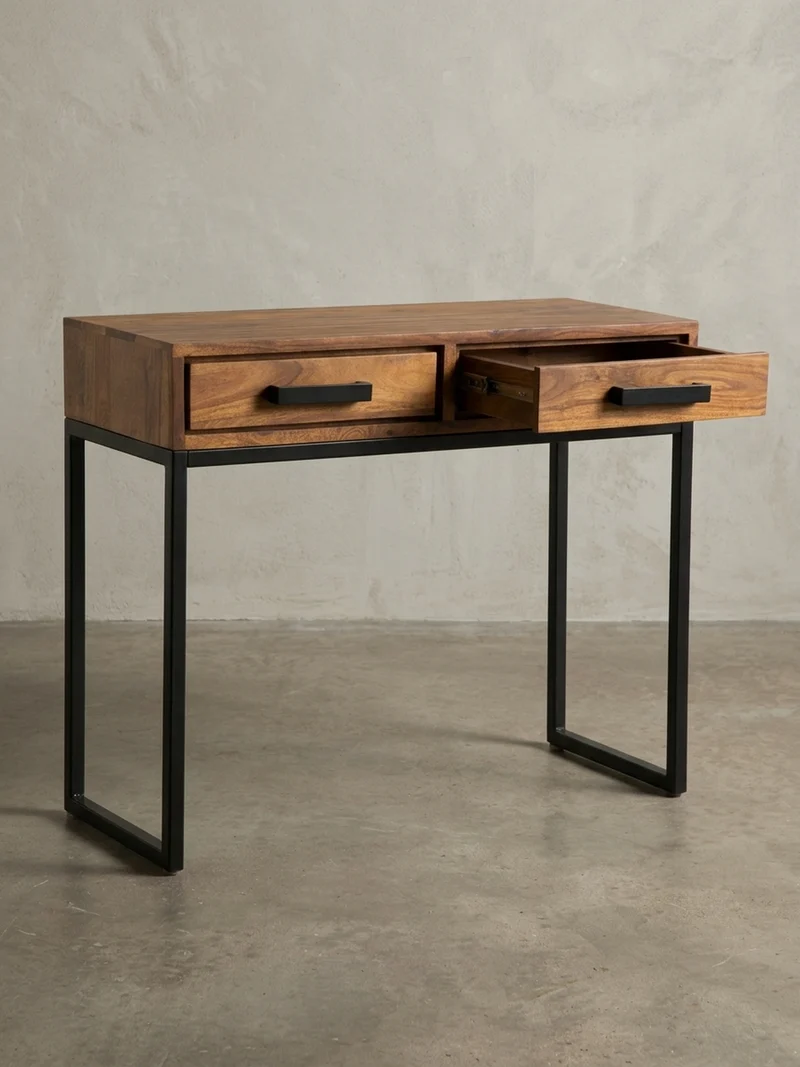 Konsolentisch – Massivholz/Metall, schwarz, mit Schubladen, Industrial-Stil