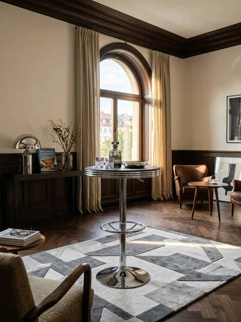 Bartisch – Retro-Stil, höhenverstellbar, Aluminiumoptik, Kunstleder