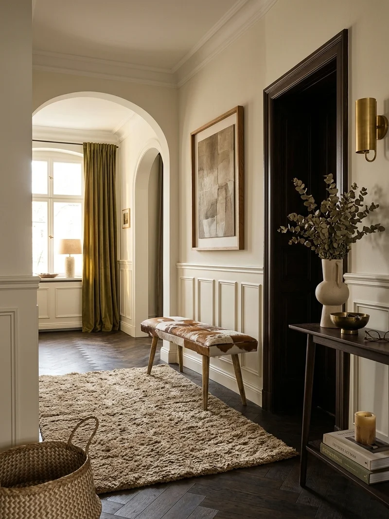 Sitzbank – Ziegenfell/Leder, Landhausstil, Mango Holz, 220 kg Belastbarkeit