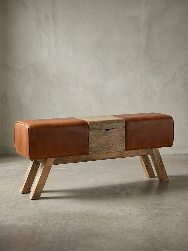 Sitzbank – Echtleder/Holz, 120 cm, Retro-Stil, mit Stauraum