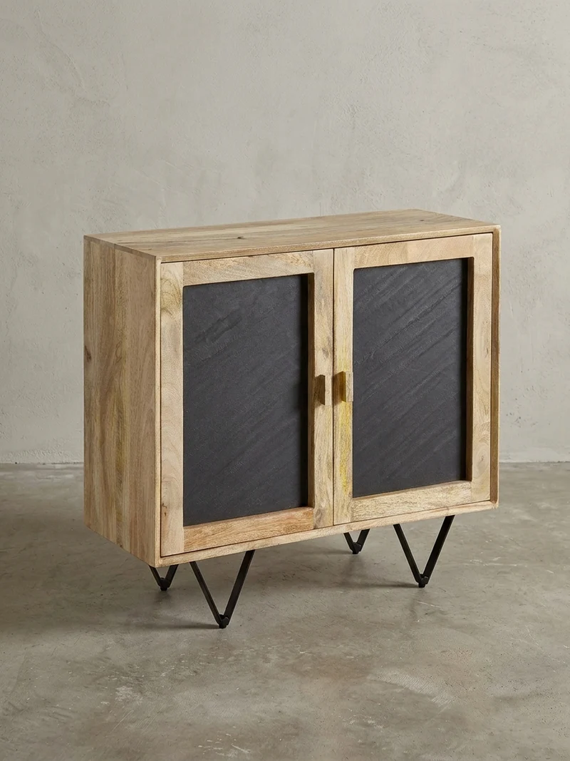 Sideboard – Mangoholz, 80x75x35 cm, mit Stauraum, anthrazitfarbene Türen