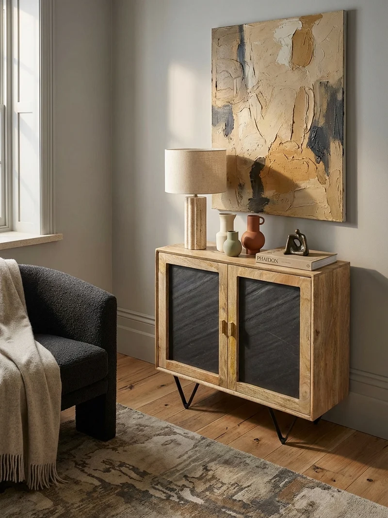 Sideboard – Mangoholz, 80x75x35 cm, mit Stauraum, anthrazitfarbene Türen