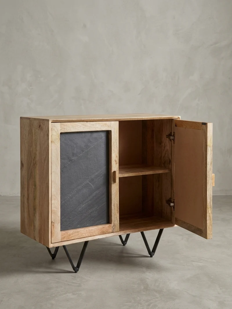 Sideboard – Mangoholz, 80x75x35 cm, mit Stauraum, anthrazitfarbene Türen