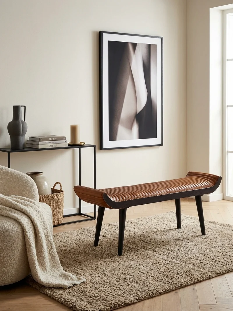 Sitzbank – Echtleder, 125x51x38 cm, Nietenrand, Massivholzbeine