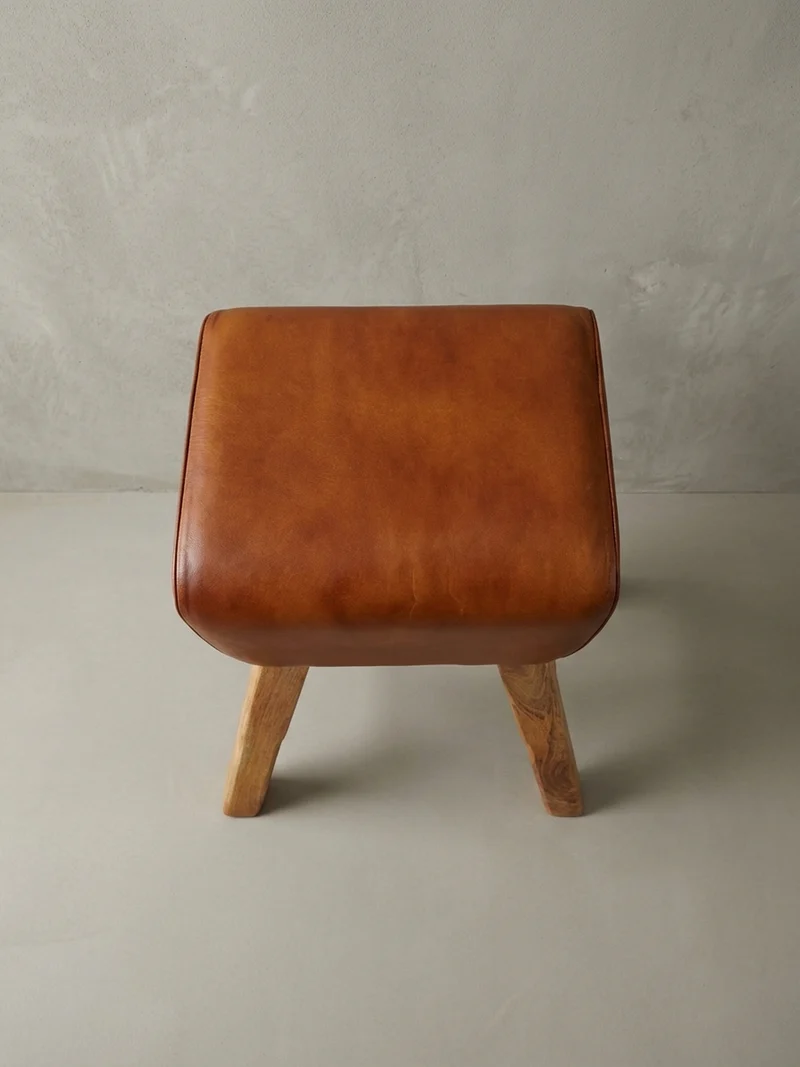 Barhocker – Ziegenleder und Mango Massivholz, Turnbock-Design, 43x75x43 cm, Dunkelbraun