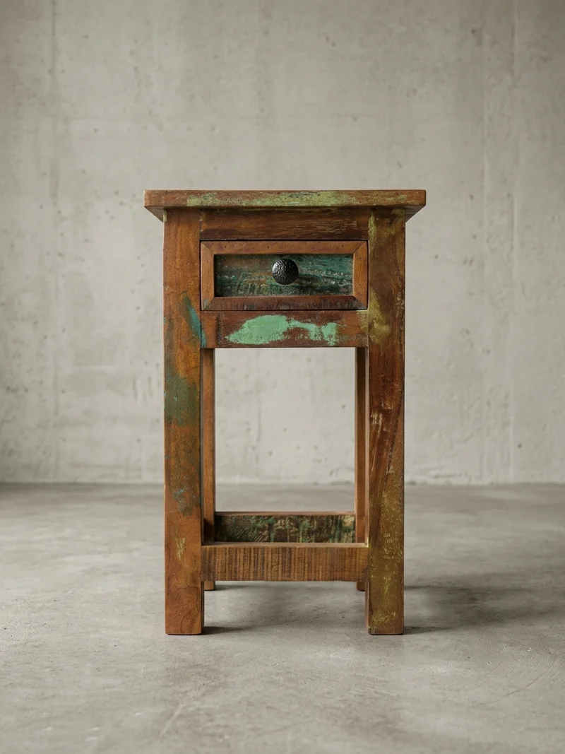 Beistelltisch – Mango Massivholz Braun mit Schublade Shabby Chic