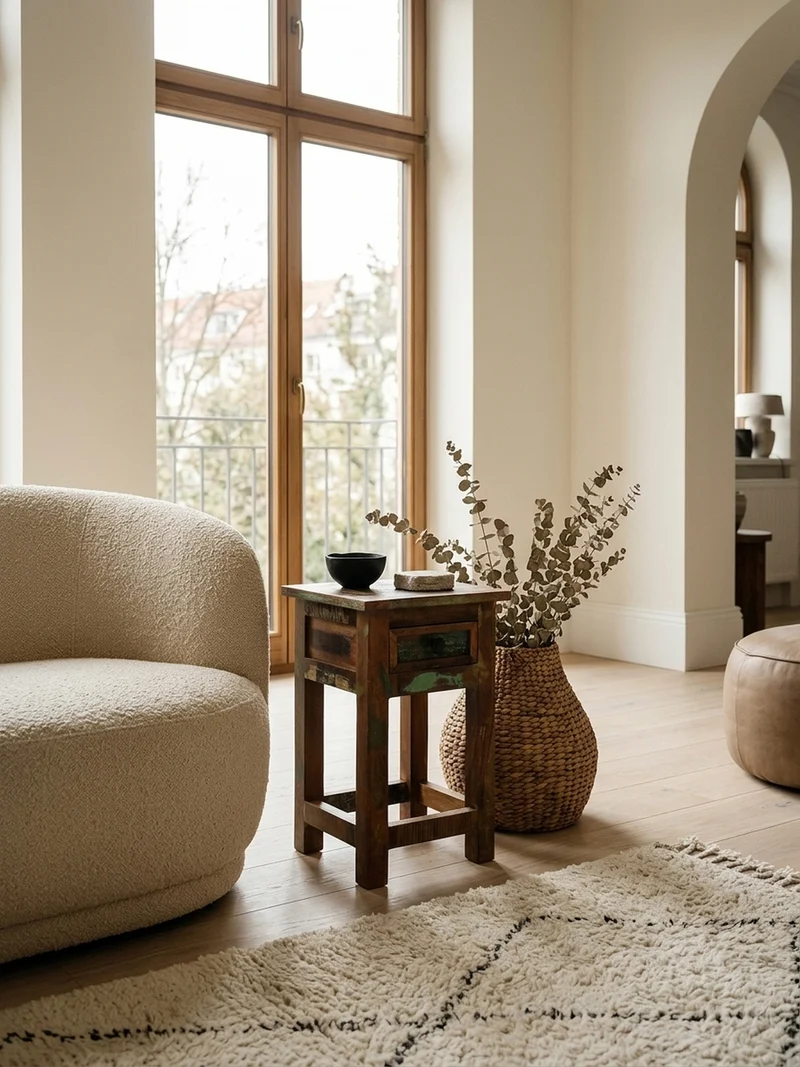 Beistelltisch – Mango Massivholz Braun mit Schublade Shabby Chic