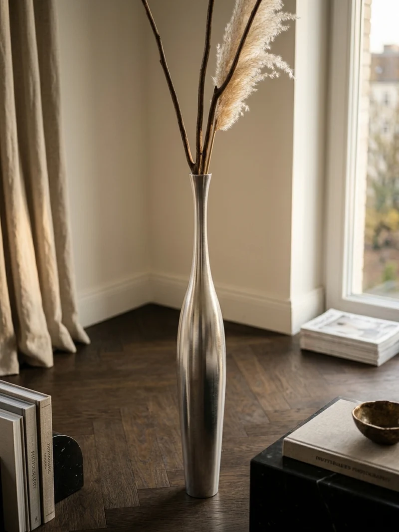 Vase Aluminium Modern Stil Modell BOTTLE L Silber mit einer Öffnung