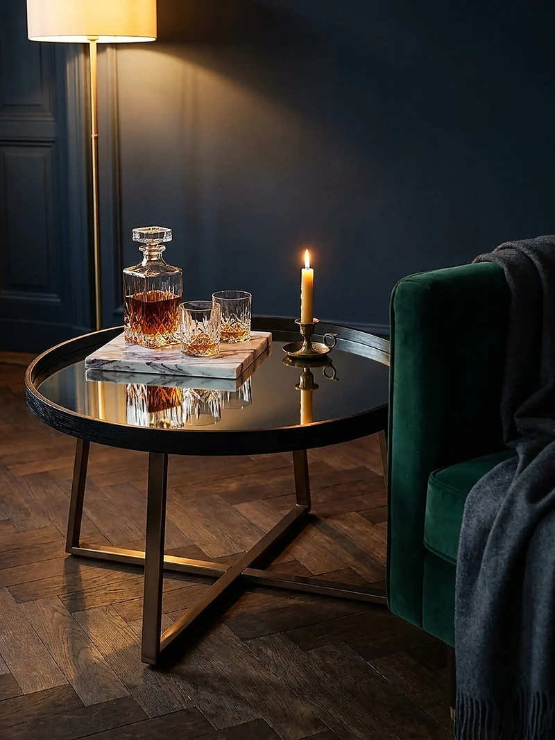 Couchtisch Rund in Gold, Material aus Metall und Glas, mit Maßen 78x42,5 cm für Wohnzimmer