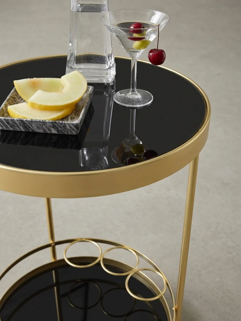 Servierwagen – Gold, Schwarzglas, auf Rollen