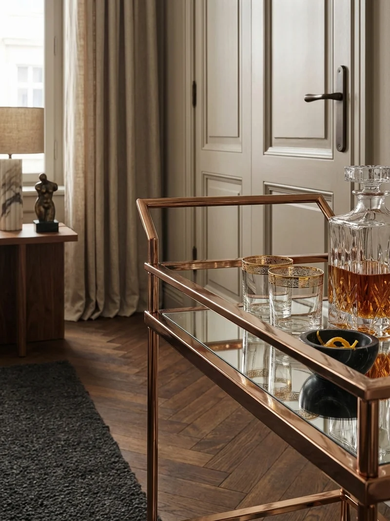 Servierwagen – Gold, Verspiegeltes Glas, auf Rollen