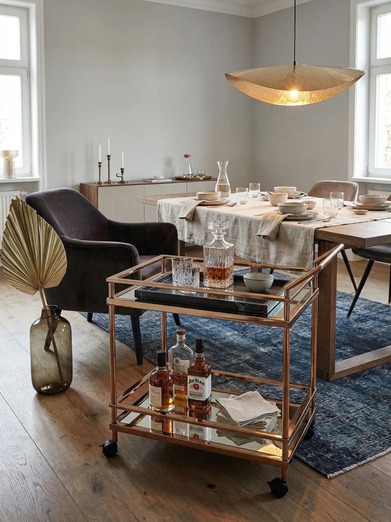 Servierwagen – Gold, Verspiegeltes Glas, auf Rollen